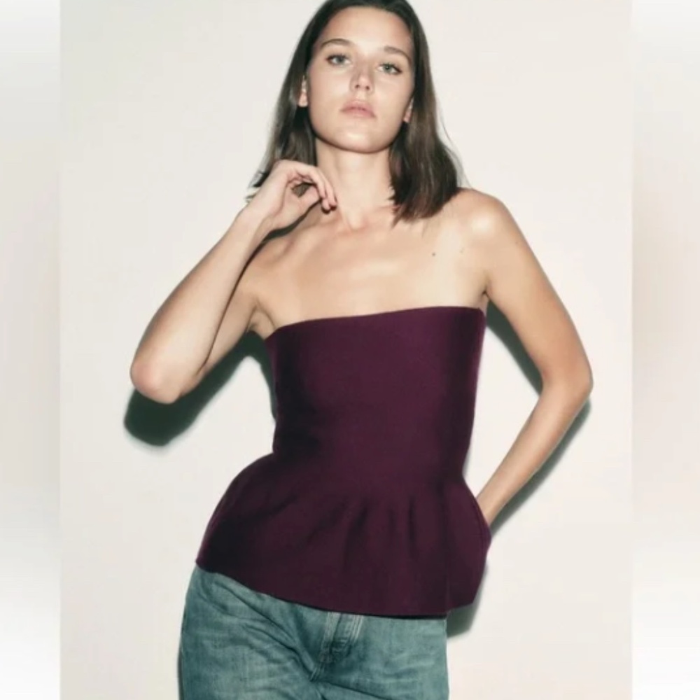 Zara Peplum Knit Purple Strapless Top